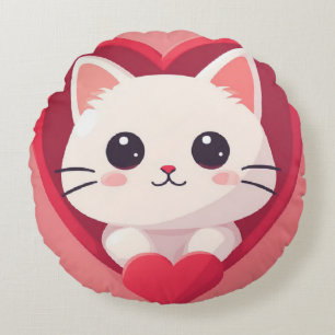 Almofada Redonda Gato Branco Fofo com Coração Desenho de Kawaii Kit