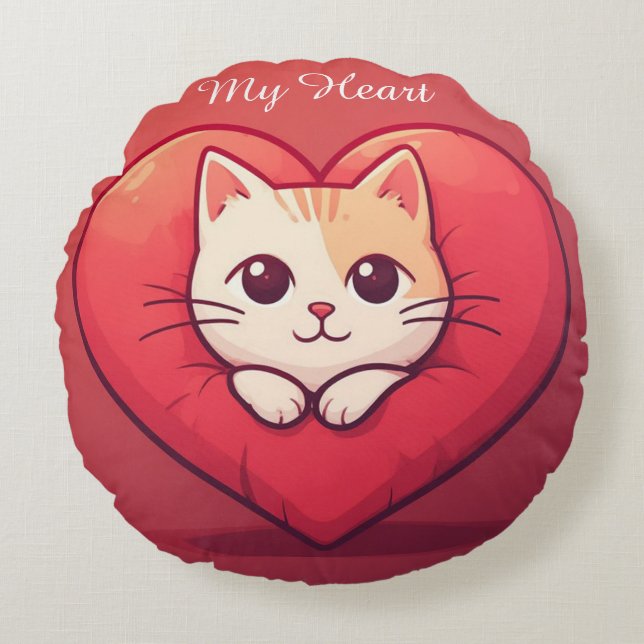 Almofada Redonda Gato Branco Fofo com Coração Desenho de Kawaii Kit (Frente)