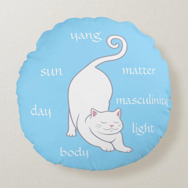 Almofada Redonda Gato Branco Kitty Yoga & Texto Editável em Turques (Frente)
