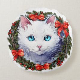 Almofada Redonda Gato Branco na Pintagem de Aquarela de Natal,