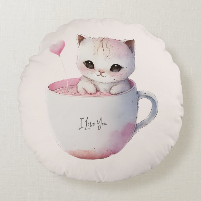 Almofada Redonda Gato branco-rosado e bonito numa Taça de chá (4) (Frente)