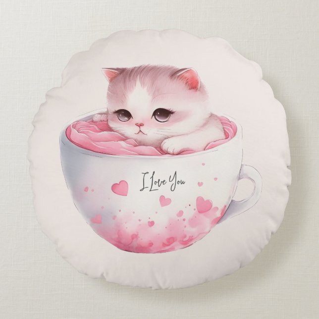 Almofada Redonda Gato branco-rosado em uma taça de chá (3) (Frente)