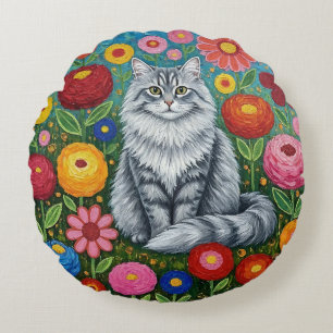 Almofada Redonda Gato Cinza Listrado Fofo com Flores da Arte Folcló