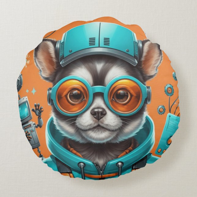 Almofada Redonda Gato Com Óculos De Algodão De Laranja Aqua, Grau A (Verso)