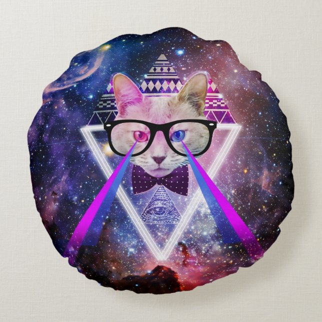 Almofada Redonda Gato da galáxia do hipster (Verso)