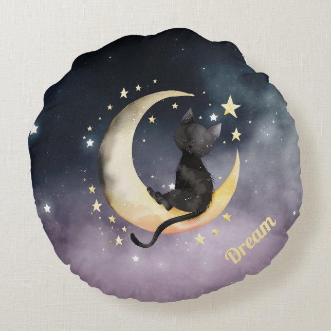 Almofada Redonda Gato de Cartoon Bonito na Lua (Verso)