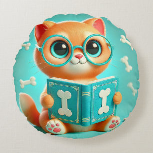 Almofada Redonda Gato de Desenho Animado Adorável Lendo um Livro
