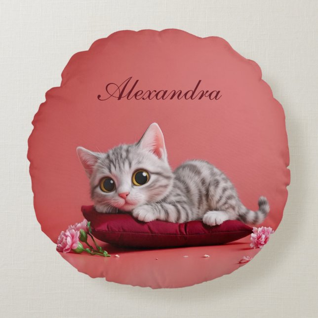 Almofada Redonda Gato de janeiro bonito com cravos (Frente)