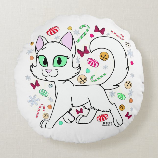 Almofada Redonda Gato de Natal (Branco) (Frente)