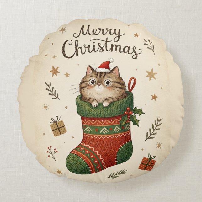 Almofada Redonda Gato de Natal na Meia (Frente)