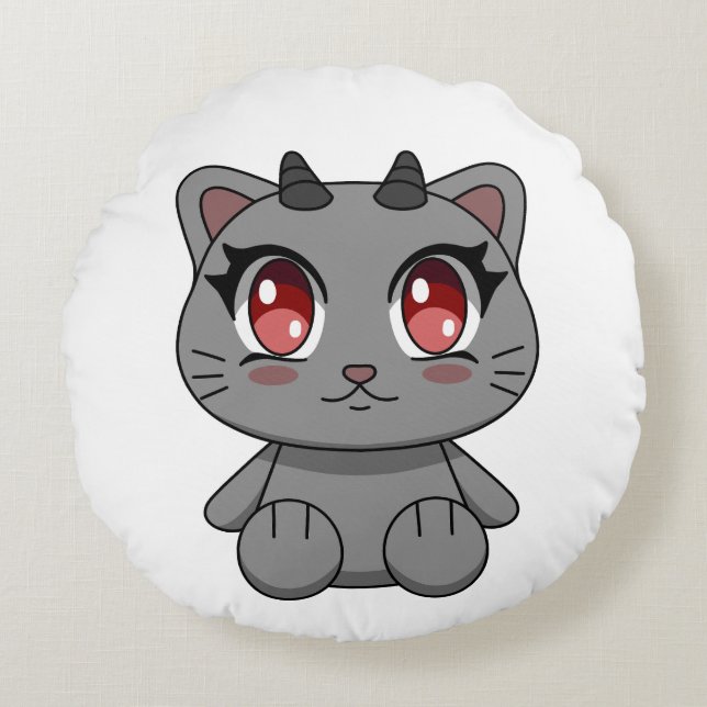 Almofada Redonda Gato Demônio de Kawaii Cute (Frente)