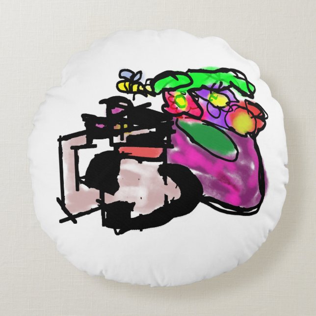 Almofada Redonda Gato e flores da primavera  (Frente)