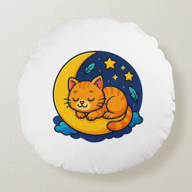 Almofada Redonda Gato Fofo Dormindo na Lua Travesseiro Redondo – (Frente)