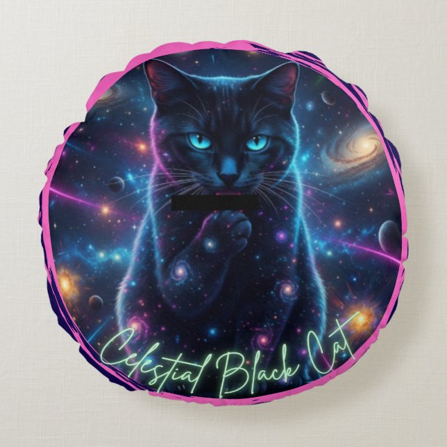 Almofada Redonda Gato Preto Celestial (Frente)