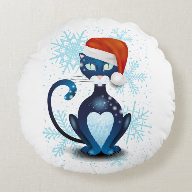 Almofada Redonda Gato Preto com Cabra Papai noel (Frente)