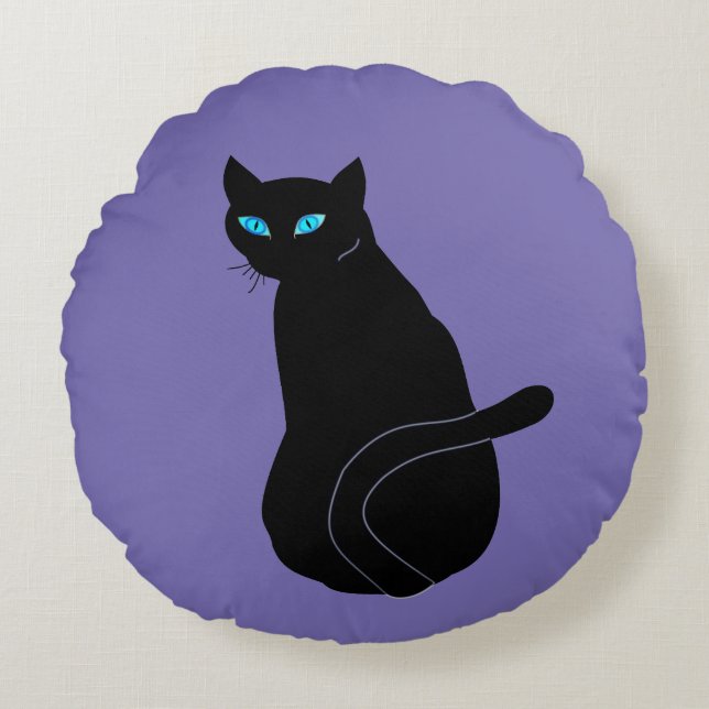 Almofada Redonda Gato Preto Com Olhos Azuis - Maçu (Frente)