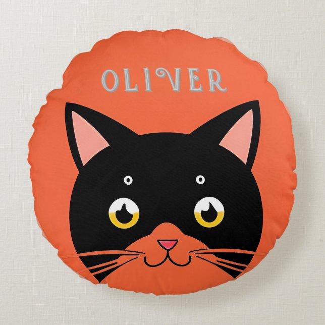 Almofada Redonda Gato Preto com Olhos e Bigodes Amarelos (Frente)