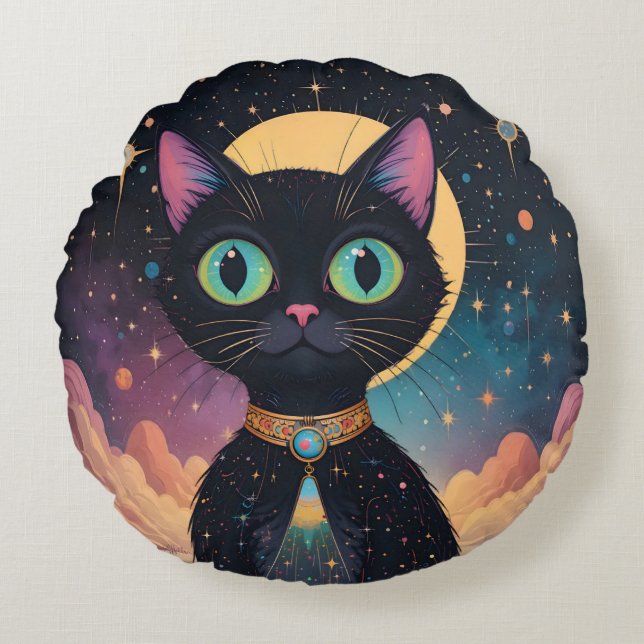Almofada Redonda Gato Preto Cósmico Futurista Atômico ao Luar (Frente)