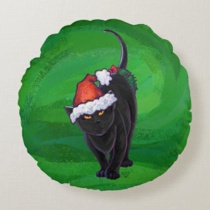 Almofada Redonda Gato Preto de Natal em Verde