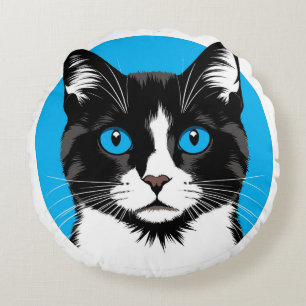 Almofada Redonda Gato Preto e Branco com Olhos Azuis