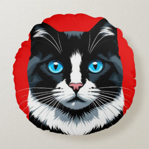 Almofada Redonda Gato Preto e Branco Com Olhos Azuis Vibrantes