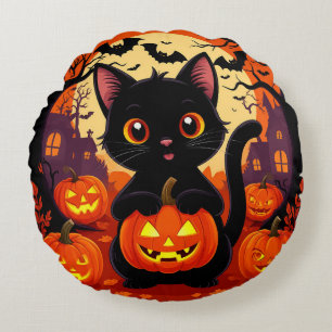 Almofada Redonda Gato Preto Fofo com Abóboras de Halloween