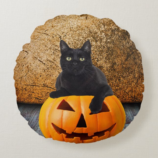 Almofada Redonda Gato Preto Halloween No Travesseiro decorativo Red (Frente)