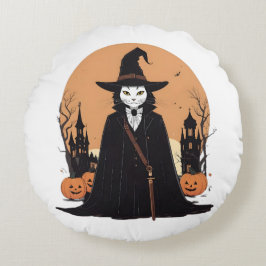 Almofada Redonda Gato Preto Salem Místico com Pumpkins