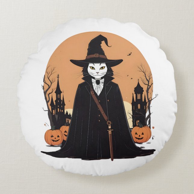 Almofada Redonda Gato Preto Salem Místico com Pumpkins (Frente)
