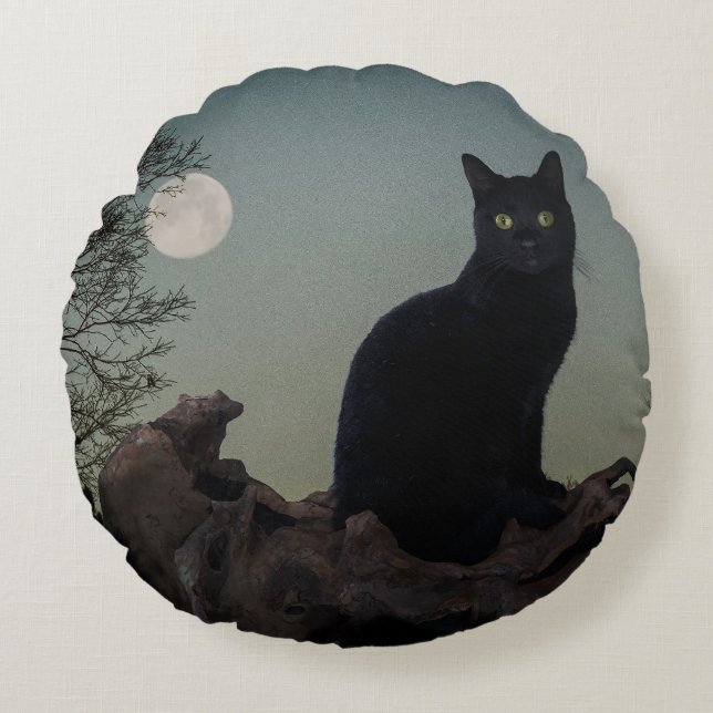 Almofada Redonda Gato Preto sob Lua Cheia numa Árvore (Frente)
