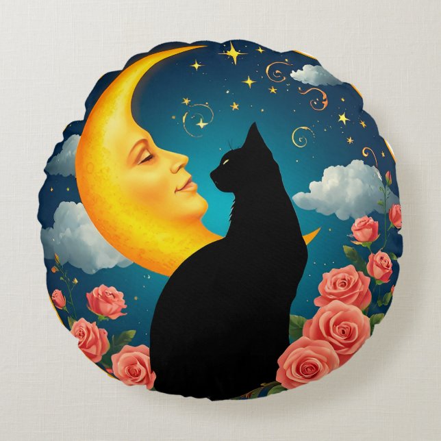 Almofada Redonda Gato Sentado Diante da Lua Com Rosas E Céu Estrela (Frente)