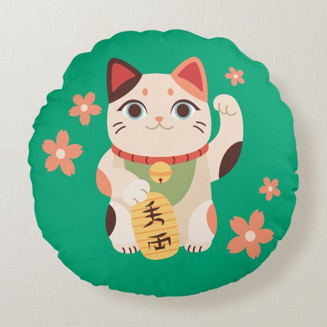 Almofada Redonda Gato Sortudo Maneki Neko Fofo (Frente)