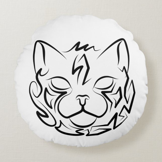 Almofada Redonda Gato Tribal Negro e Branco (Frente)