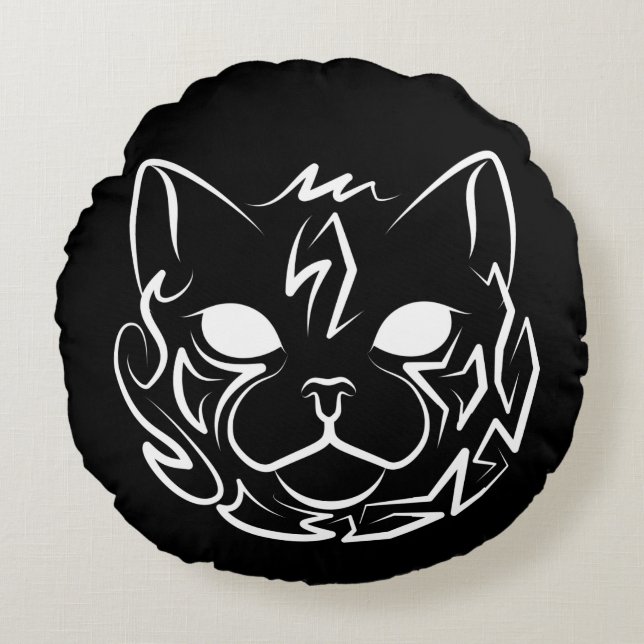 Almofada Redonda Gato Tribal Negro e Branco (Frente)