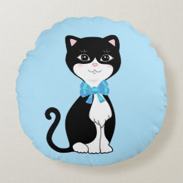 Almofada Redonda Gato Tuxedo Fofo e Feliz em Azul Claro