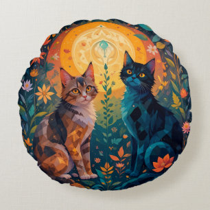 Almofada Redonda Gatos em Cena da Natureza com Elementos Geométrico