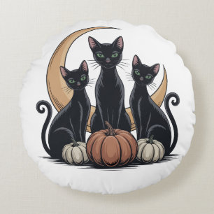 Almofada Redonda Gatos Pretos Whimsigothia Abóbora Lua Halloween