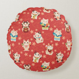 Almofada Redonda Gatos Sortudos Maneki Neko