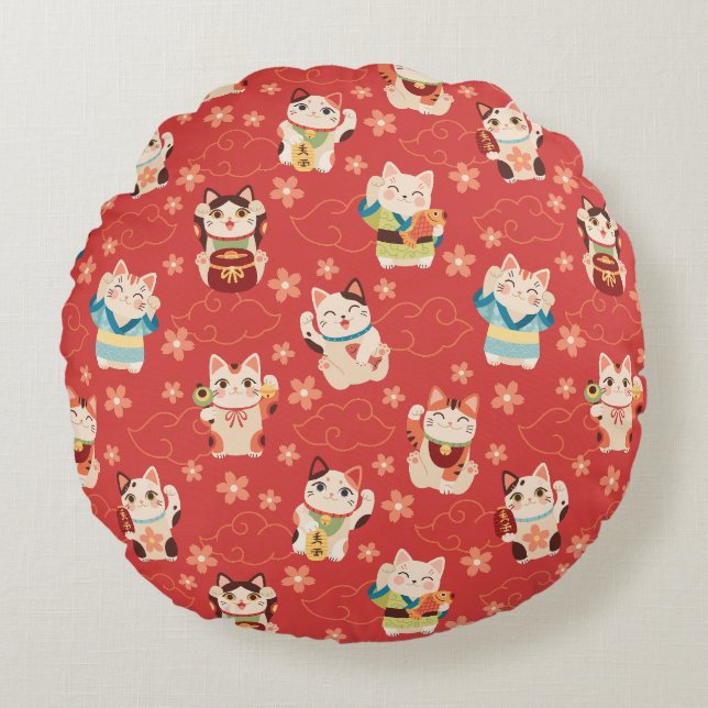 Almofada Redonda Gatos Sortudos Maneki Neko (Frente)