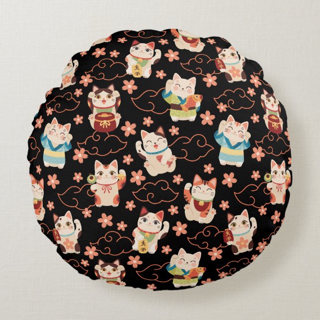 Almofada Redonda Gatos Sortudos Maneki Neko (Frente)