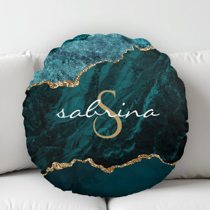 Almofada Redonda Geodo de Agate Dourado Azul-Teal Monograma
