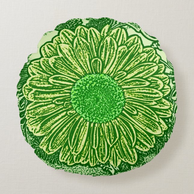 Almofada Redonda Gerbera Daisy Block Impressão, Emerald & Verde lim (Frente)
