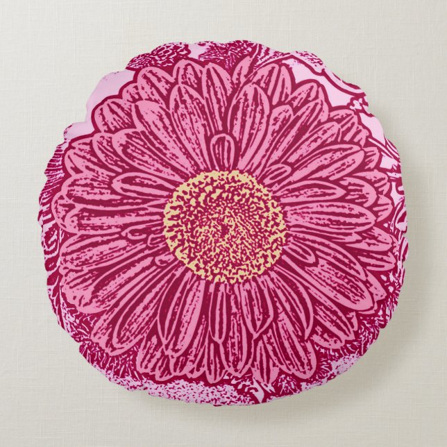 Almofada Redonda Gerbera Daisy Block Impressão, Maroon e Pastel (Frente)