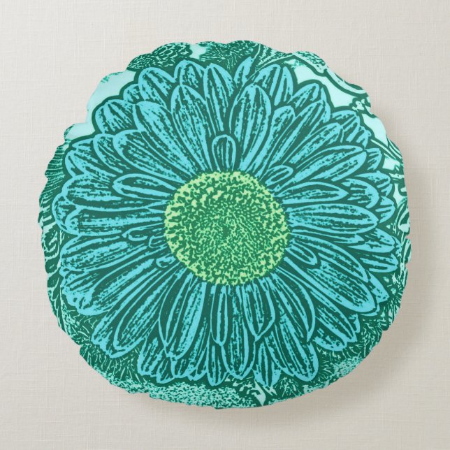 Almofada Redonda Gerbera Daisy Block Impressão, Turquesa e Aqua (Frente)