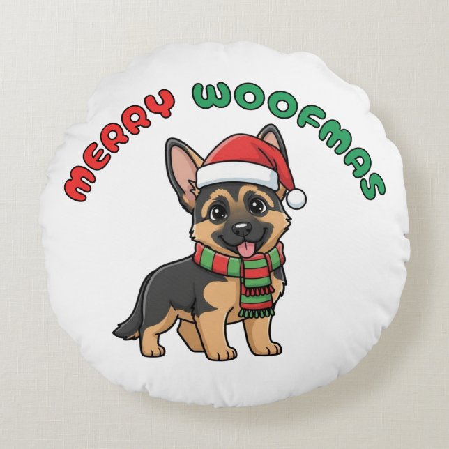 Almofada Redonda German shepherd de Natal: Feliz Woofmas (Frente)