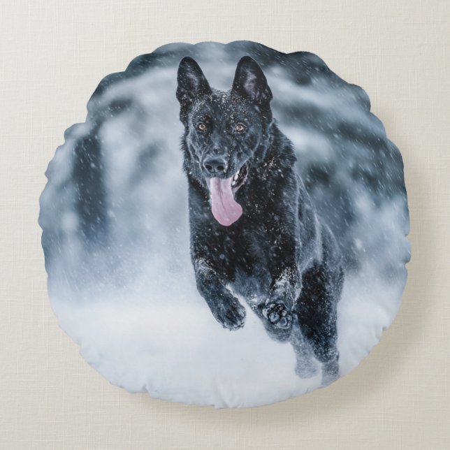 Almofada Redonda German shepherd preto no Cobrir da escova de neve (Frente)