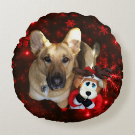 Almofada Redonda German shepherd & Reindeer Snowflake