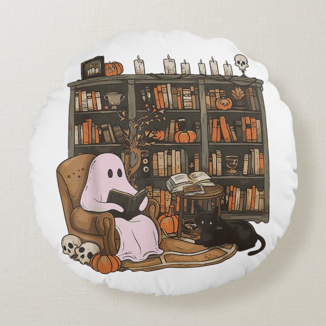Almofada Redonda Ghost Reading Book Cat lover Halloween (Frente)