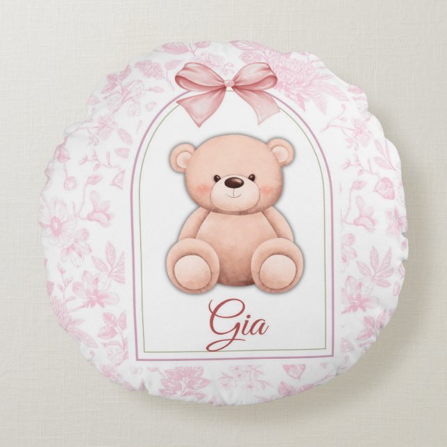 Almofada Redonda Gia | Design de Enfermeiro de Urso Rosa Personaliz (Frente)