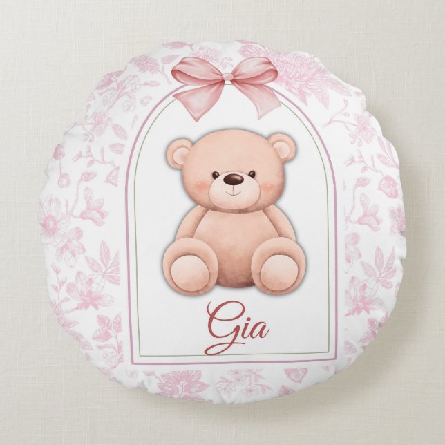 Almofada Redonda Gia | Design de Enfermeiro de Urso Rosa Personaliz (Frente)